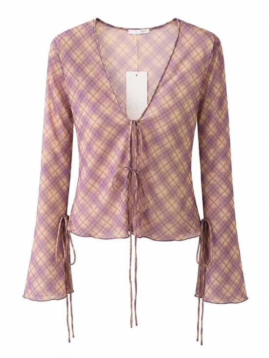 Zara Tops - NWT Zara Plaid Mesh Tie Front Bell Sleeve Top Size M